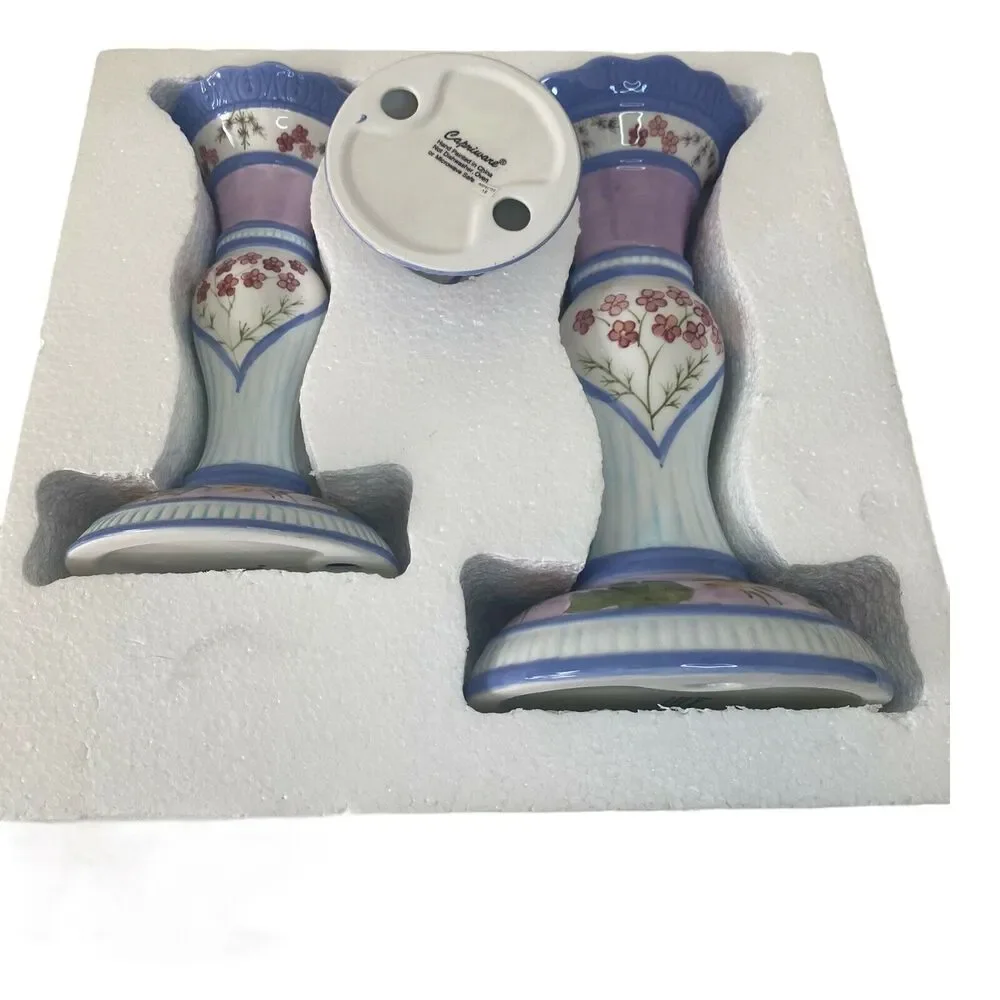 Capriware 3-Piece Pillar Candleholder Set Blue Purple Floral Hand Painted VTG